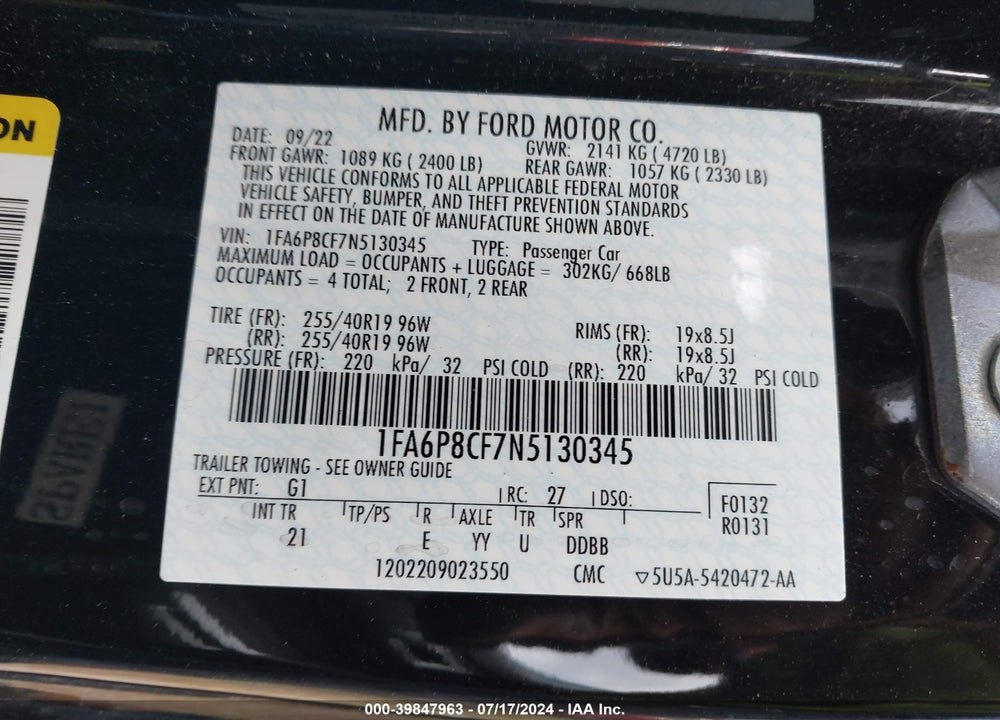 2022 FORD MUSTANG GT FASTBACK VIN: 1FA6P8CF7N5130345