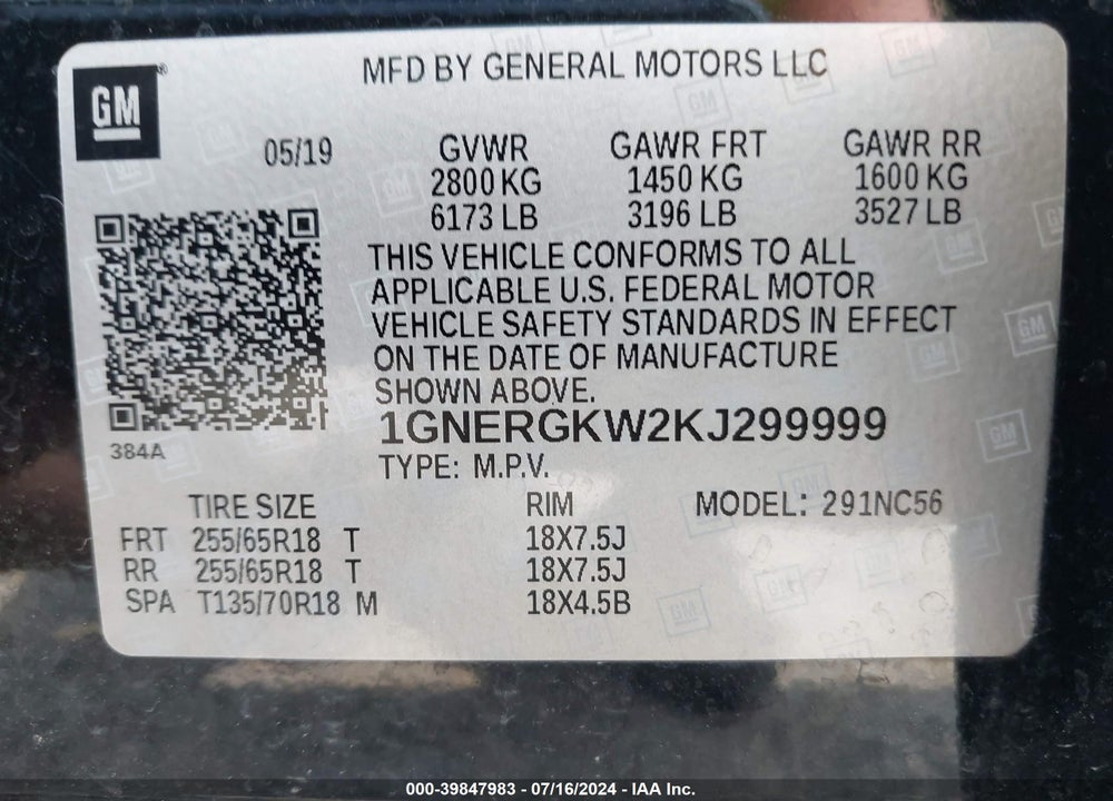 2019 CHEVROLET TRAVERSE 1LT VIN: 1GNERGKW2KJ299999