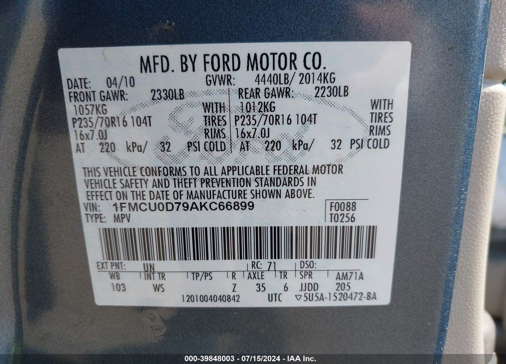 2010 FORD ESCAPE XLT VIN: 1FMCU0D79AKC66899