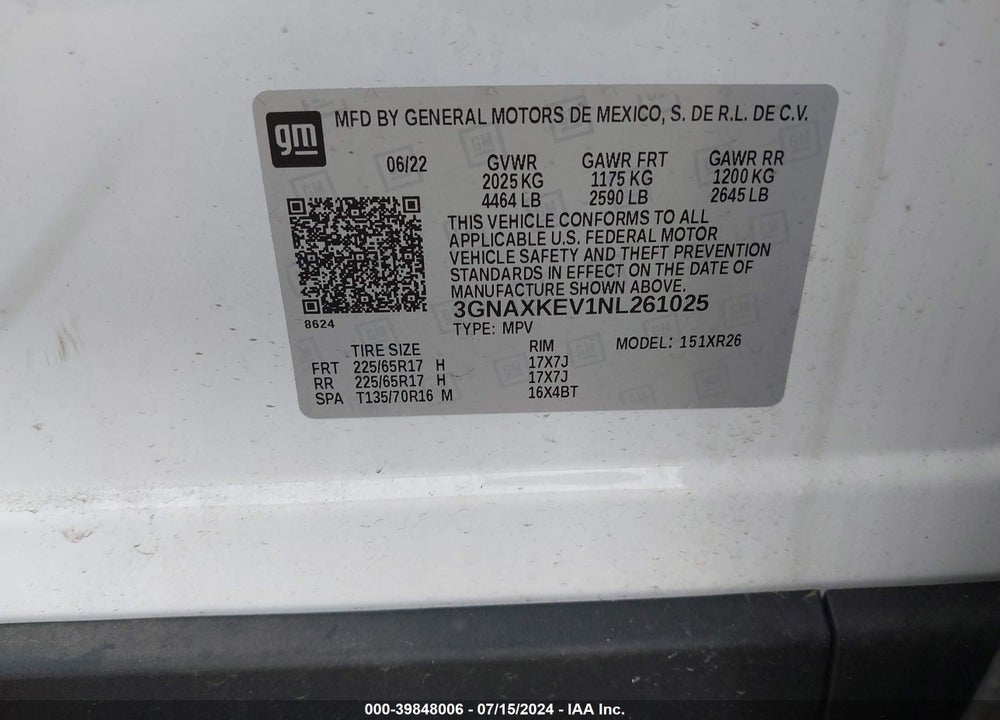 2022 CHEVROLET EQUINOX FWD LT VIN: 3GNAXKEV1NL261025