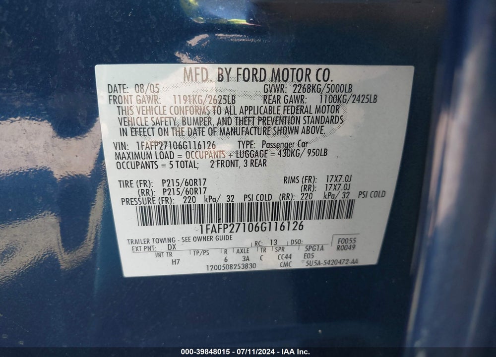 2006 FORD FIVE HUNDRED SEL VIN: 1FAFP27106G116126