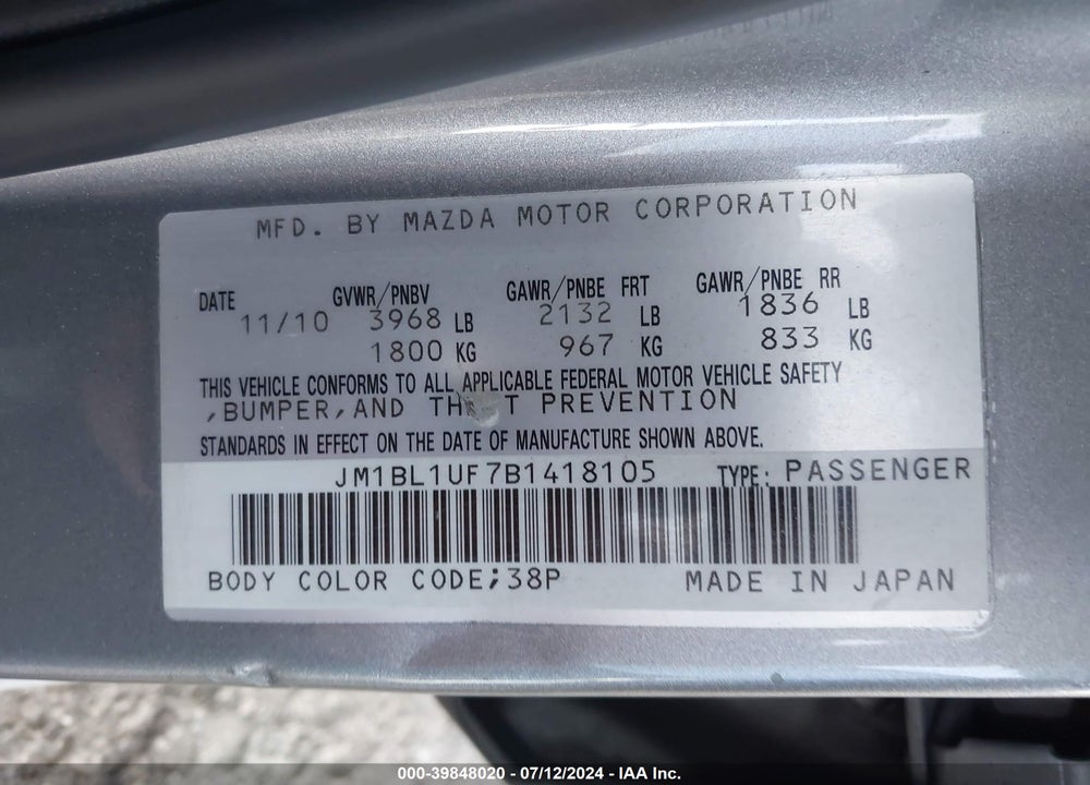 2011 MAZDA 3 I SPORT VIN: JM1BL1UF7B1418105