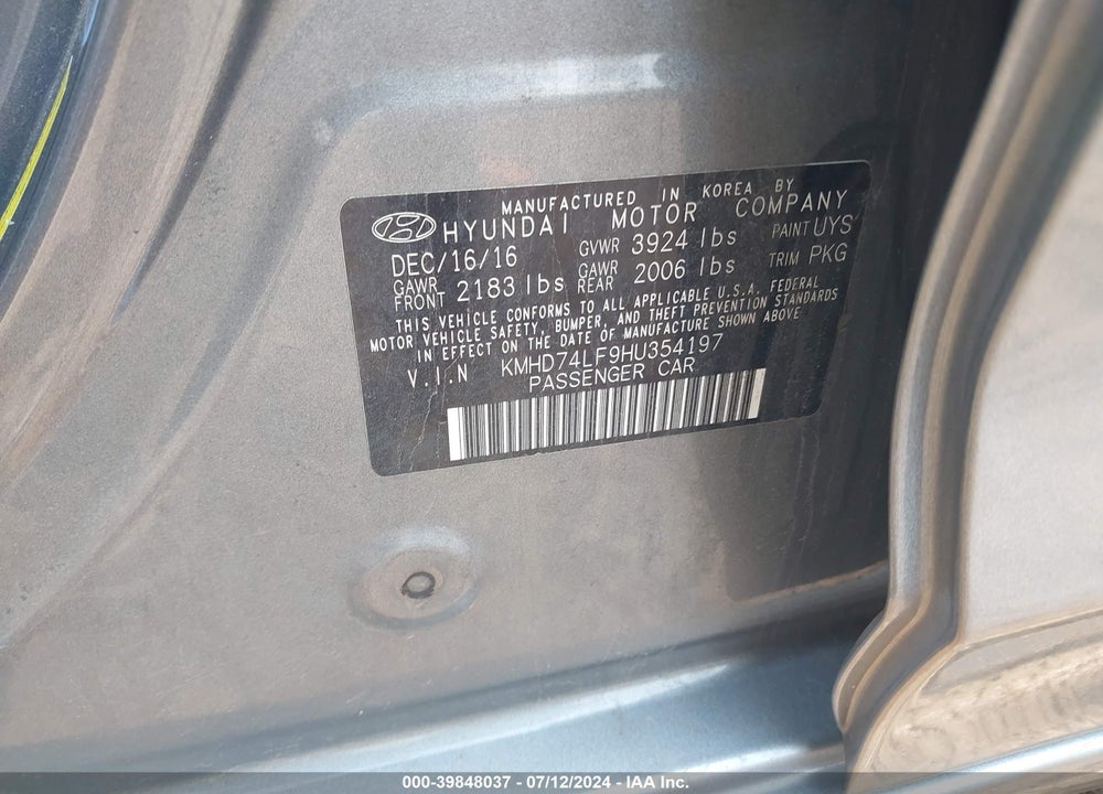 2017 HYUNDAI ELANTRA SE VIN: KMHD74LF9HU354197