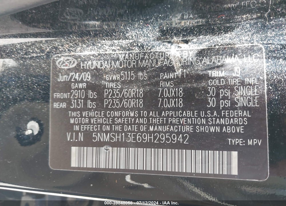 2009 HYUNDAI SANTA FE SE VIN: 5NMSH13E69H295942