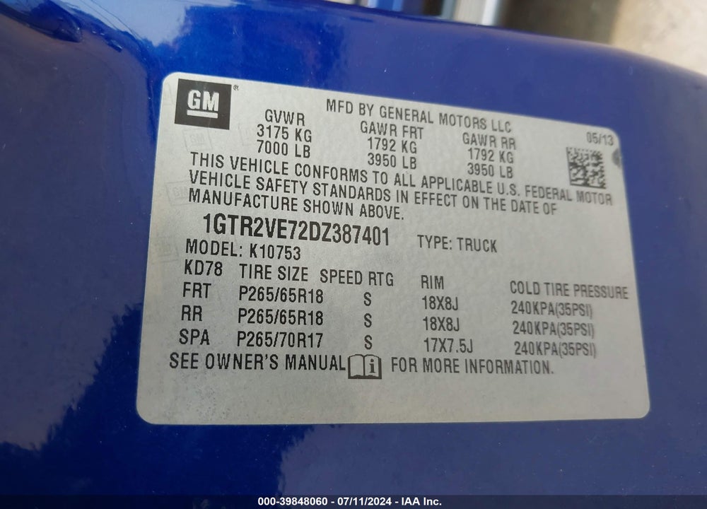 2013 GMC SIERRA 1500 SLE VIN: 1GTR2VE72DZ387401