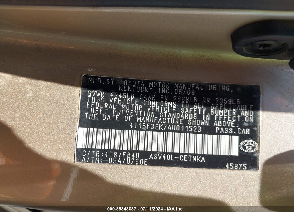 2010 TOYOTA CAMRY LE VIN: 4T1BF3EK7AU011523