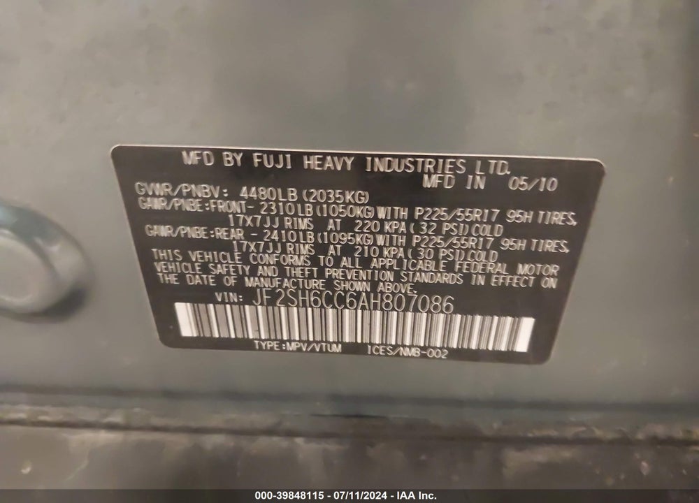 2010 SUBARU FORESTER 2.5X PREMIUM VIN: JF2SH6CC6AH807086