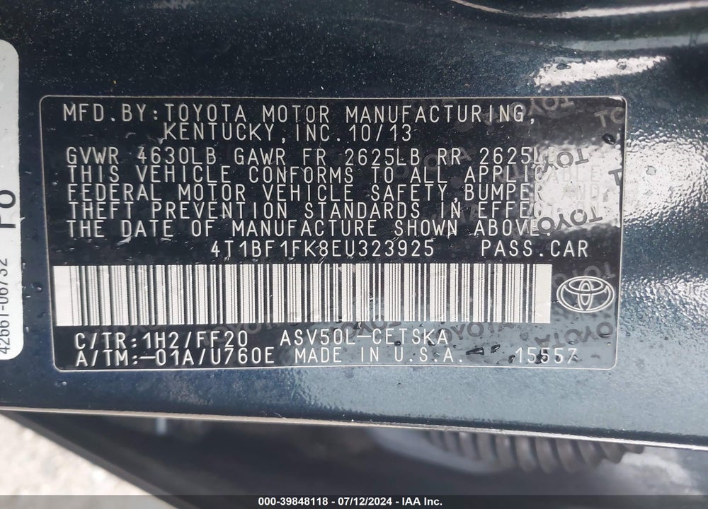 2014 TOYOTA CAMRY SE SPORT VIN: 4T1BF1FK8EU323925