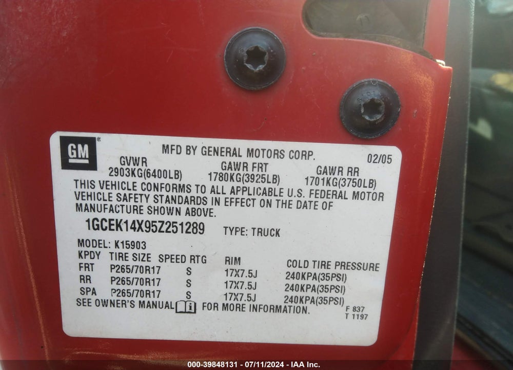 2005 CHEVROLET SILVERADO 1500 WORK TRUCK VIN: 1GCEK14X95Z251289