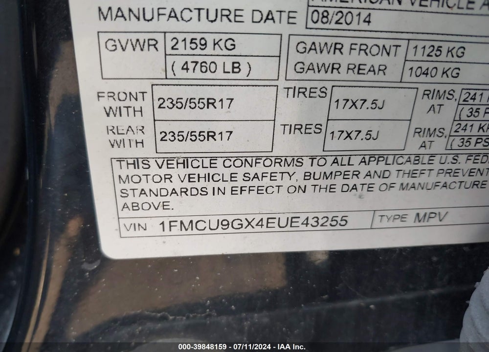 2014 FORD ESCAPE SE VIN: 1FMCU9GX4EUE43255
