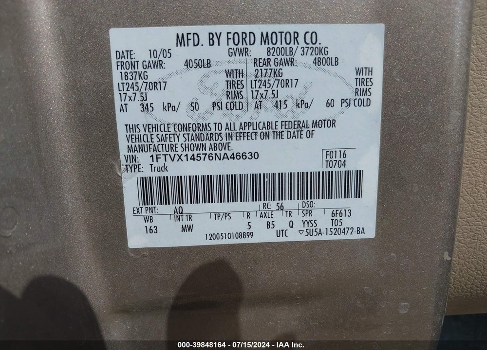 2006 FORD F-150 FX4/LARIAT/XL/XLT VIN: 1FTVX14576NA46630