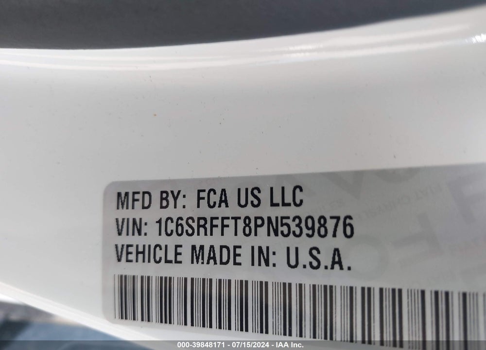 2023 RAM 1500 BIG HORN 4X4 5'7 BOX VIN: 1C6SRFFT8PN539876