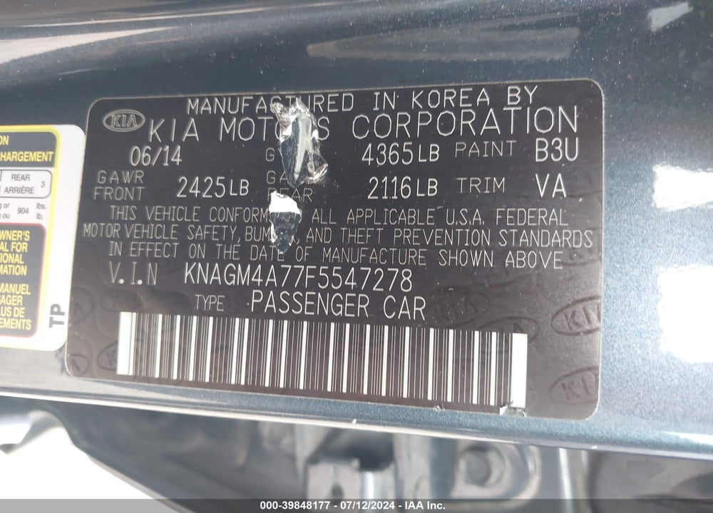 2015 KIA OPTIMA LX VIN: KNAGM4A77F5547278