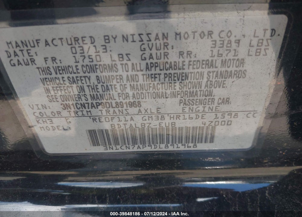 2013 NISSAN VERSA VIN: 3N1CN7AP9DL891968
