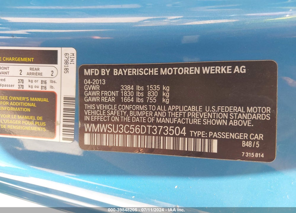 2013 MINI HARDTOP COOPER VIN: WMWSU3C56DT373504