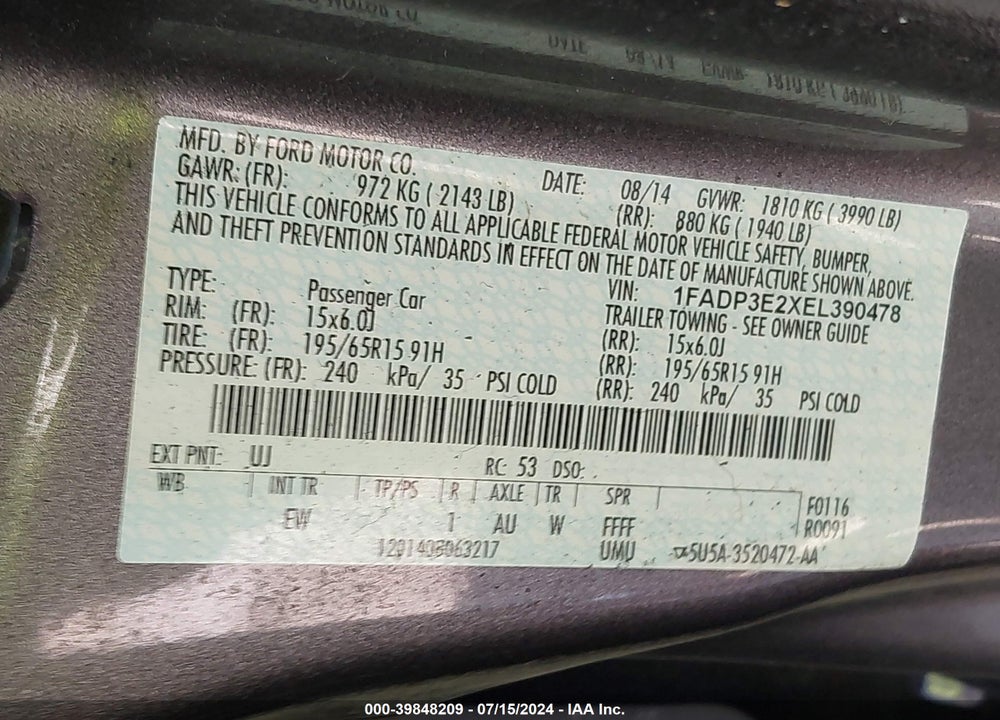 2014 FORD FOCUS S VIN: 1FADP3E2XEL390478