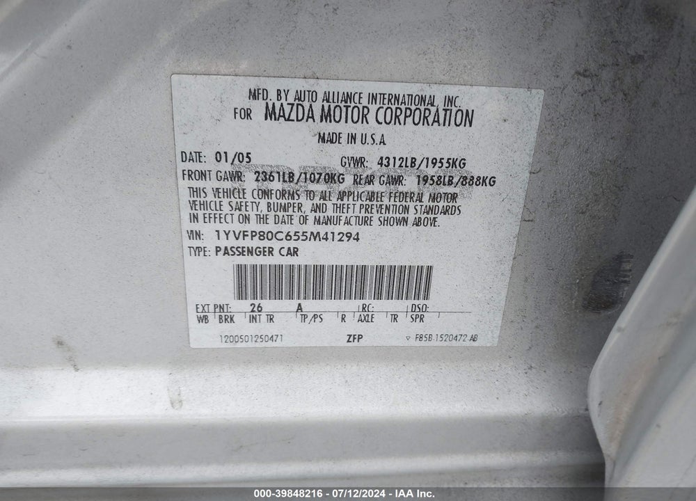 2005 MAZDA 6 I VIN: 1YVFP80C655M41294