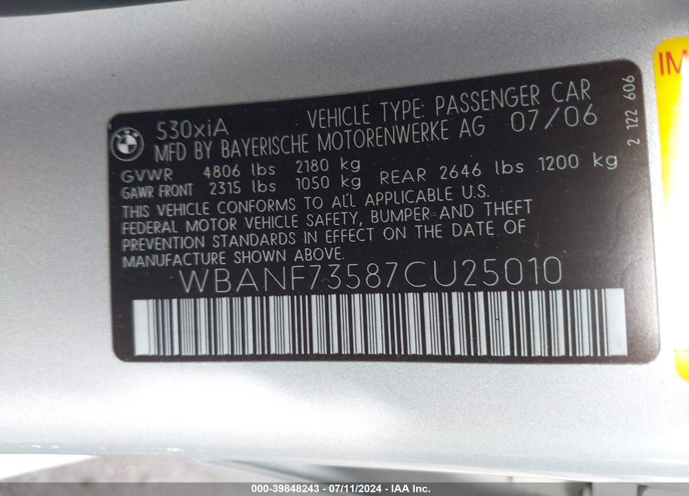 2007 BMW 530XI VIN: WBANF73587CU25010
