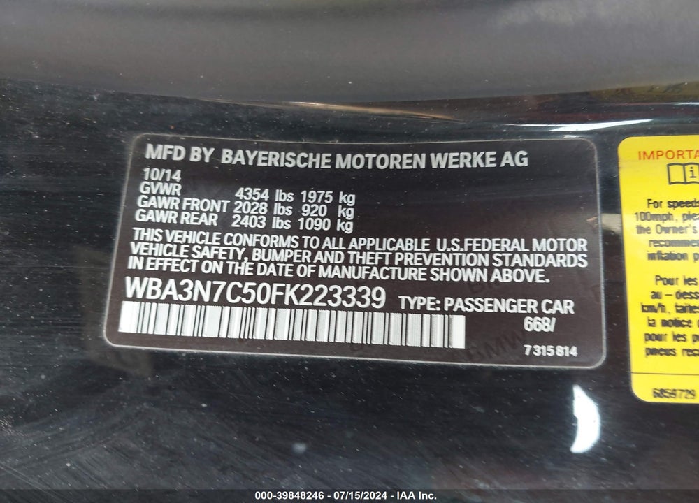 2015 BMW 428I VIN: WBA3N7C50FK223339