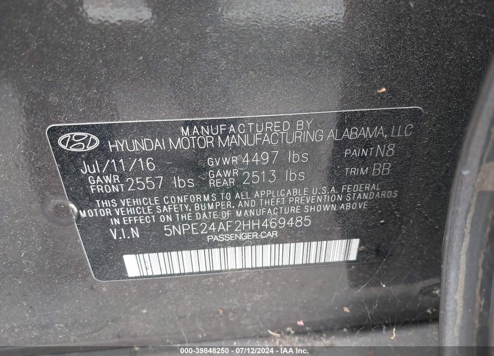 2017 HYUNDAI SONATA VIN: 5NPE24AF2HH469485