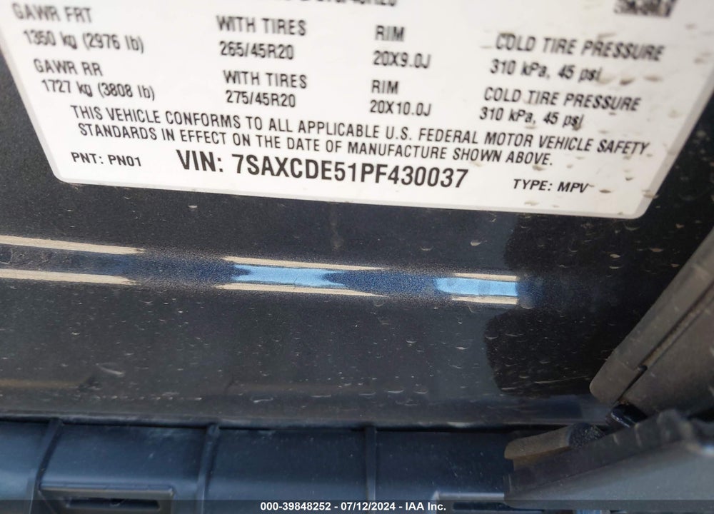 2023 TESLA MODEL X DUAL MOTOR ALL-WHEEL DRIVE/STANDARD RANGE VIN: 7SAXCDE51PF430037