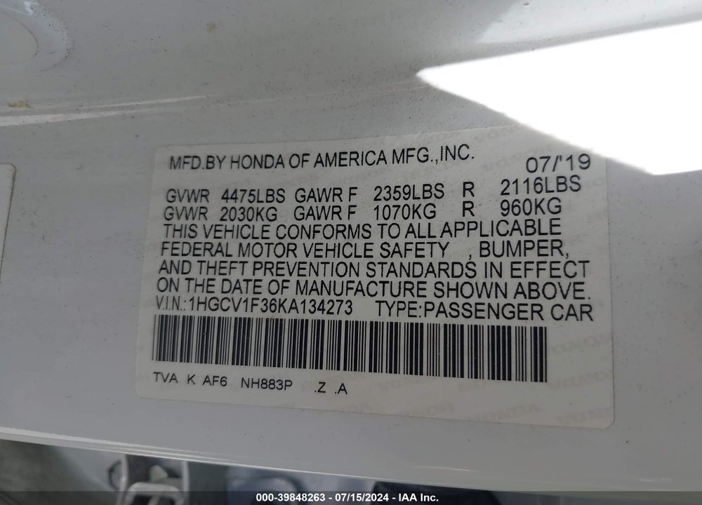 2019 HONDA ACCORD SPORT VIN: 1HGCV1F36KA134273