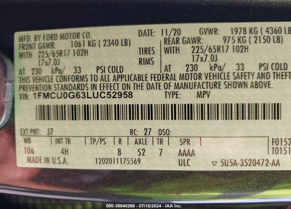 2020 FORD ESCAPE SE VIN: 1FMCU0G63LUC52958