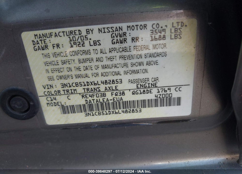 2006 NISSAN SENTRA 1.8S VIN: 3N1CB51DX6L482853