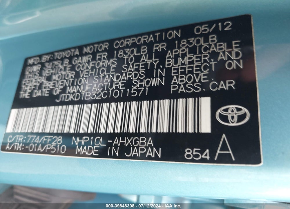 2012 TOYOTA PRIUS C THREE VIN: JTDKDTB32C1011571