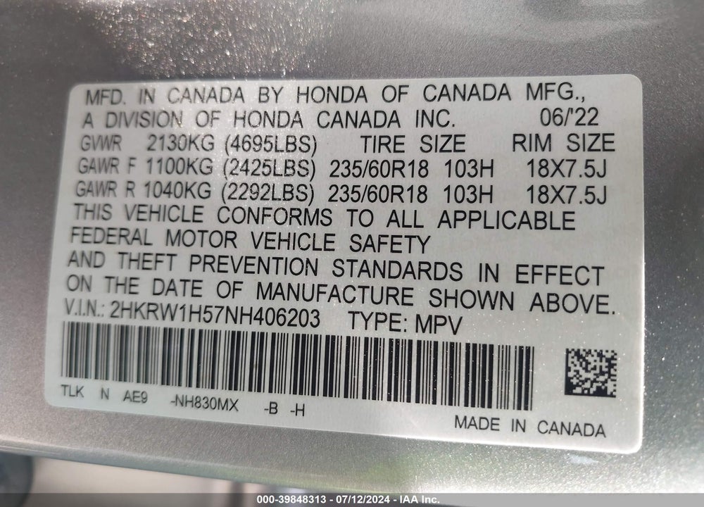 2022 HONDA CR-V 2WD EX VIN: 2HKRW1H57NH406203