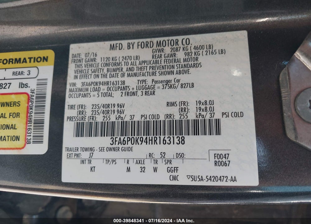 2017 FORD FUSION TITANIUM VIN: 3FA6P0K94HR163138