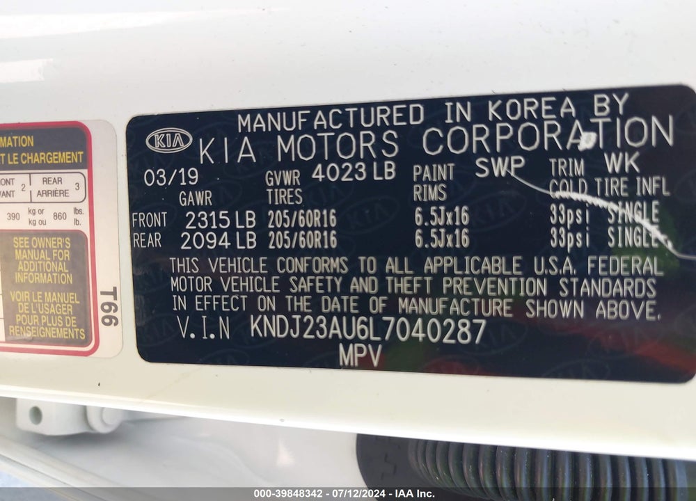 2020 KIA SOUL !/+/S VIN: KNDJ23AU6L7040287
