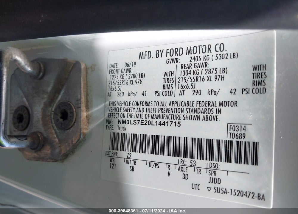 2020 FORD TRANSIT CONNECT XL VIN: NM0LS7E20L1441715