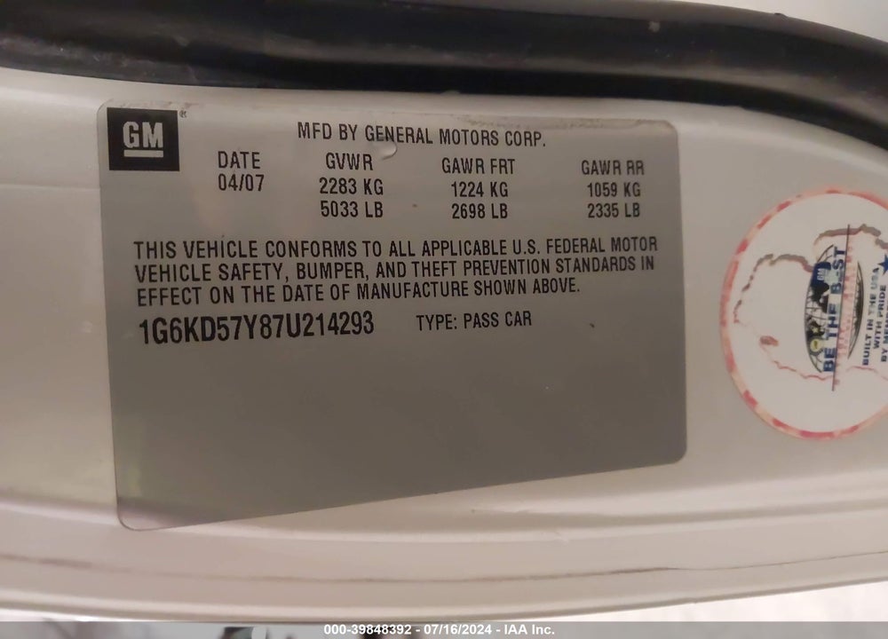 2007 CADILLAC DTS LUXURY I VIN: 1G6KD57Y87U214293
