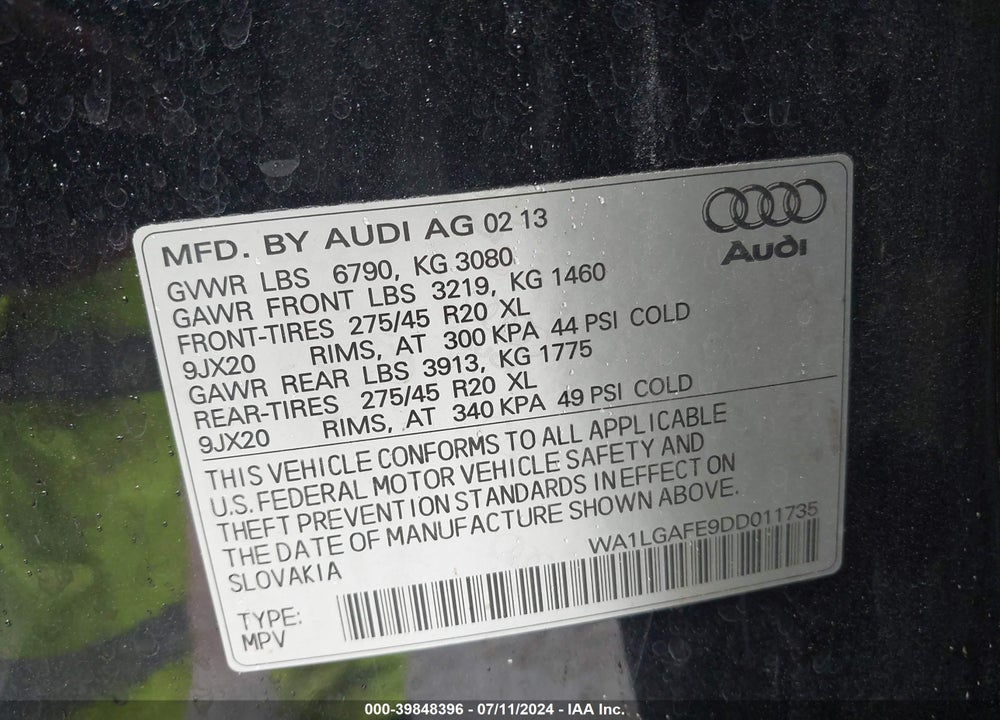 2013 AUDI Q7 3.0T PREMIUM VIN: WA1LGAFE9DD011735