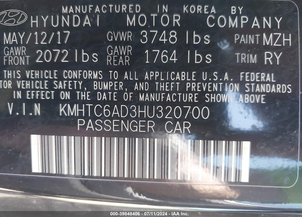 2017 HYUNDAI VELOSTER VIN: KMHTC6AD3HU320700