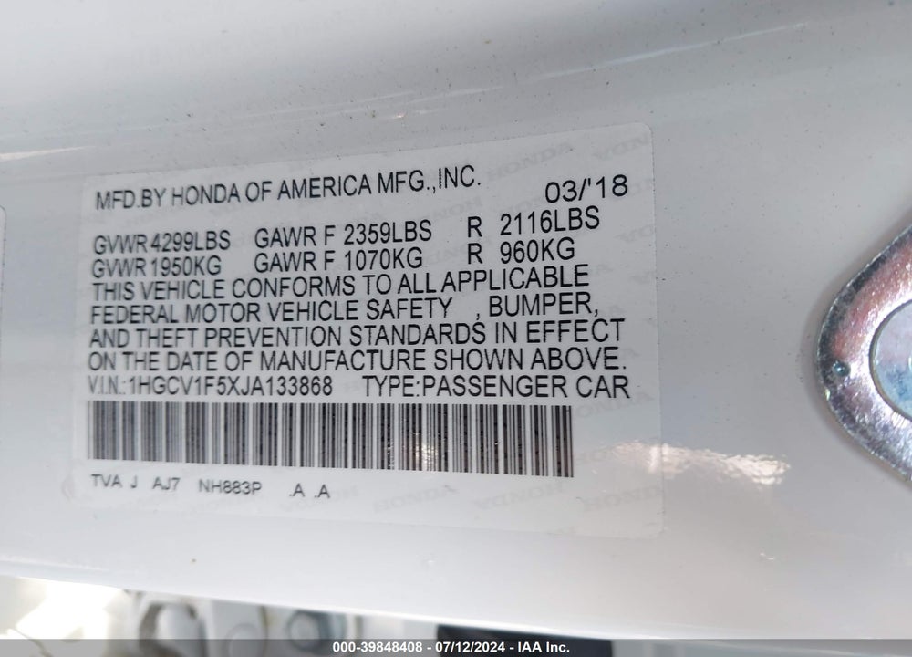2018 HONDA ACCORD EX-L VIN: 1HGCV1F5XJA133868