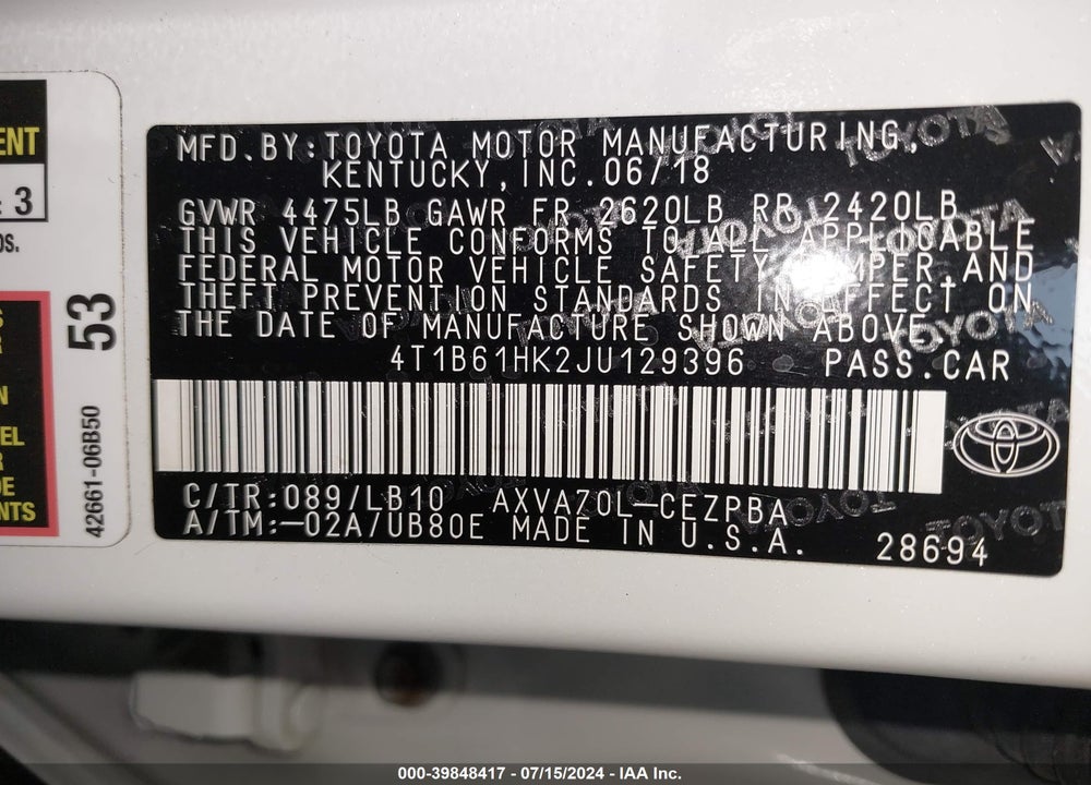 2018 TOYOTA CAMRY XSE VIN: 4T1B61HK2JU129396