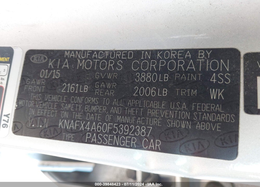 2015 KIA FORTE LX VIN: KNAFX4A60F5392387