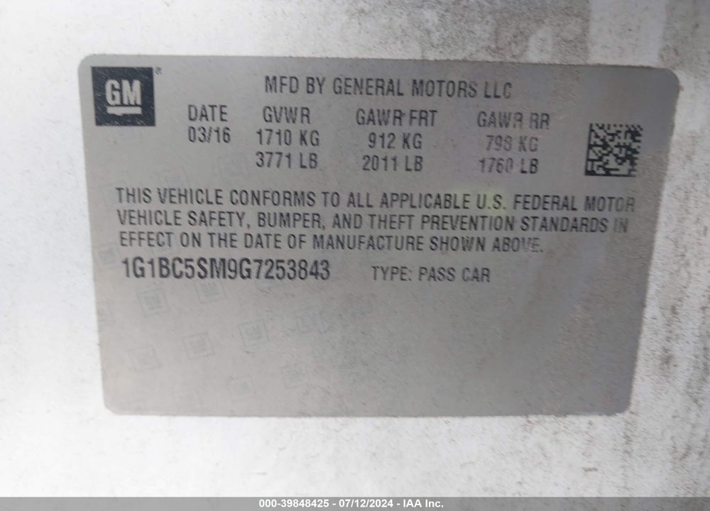2016 CHEVROLET CRUZE LS AUTO VIN: 1G1BC5SM9G7253843