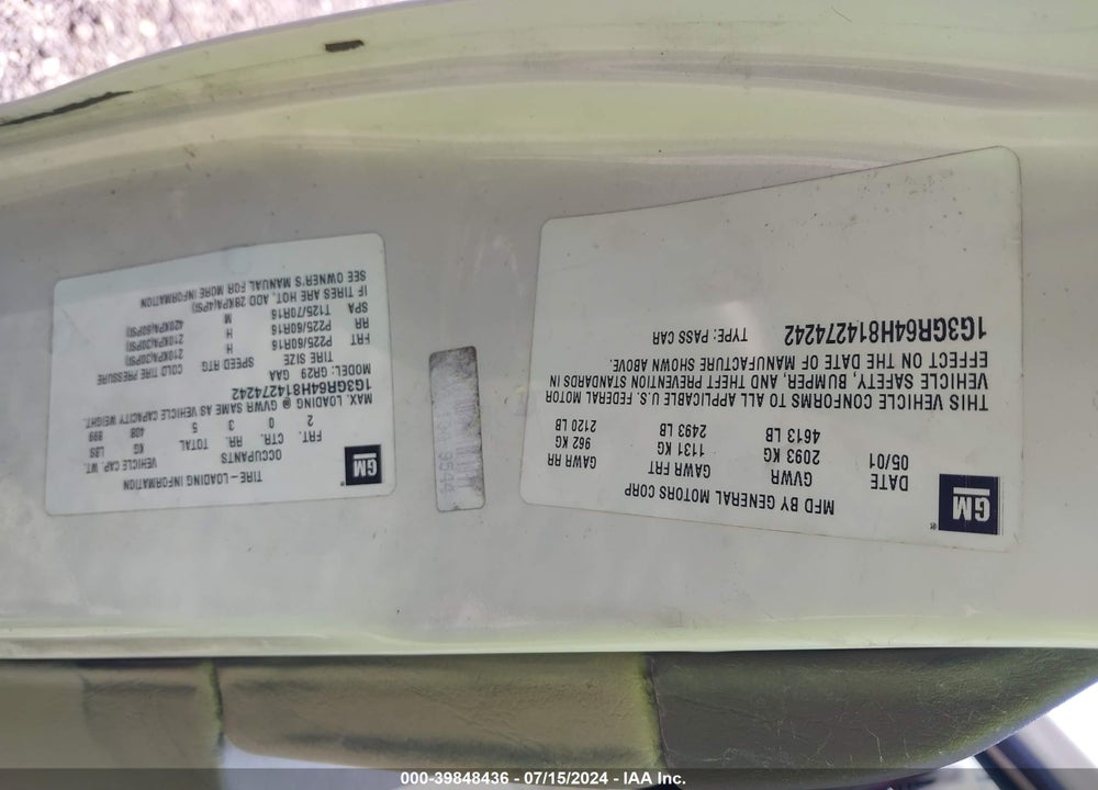 2001 OLDSMOBILE AURORA 3.5 VIN: 1G3GR64H814274242