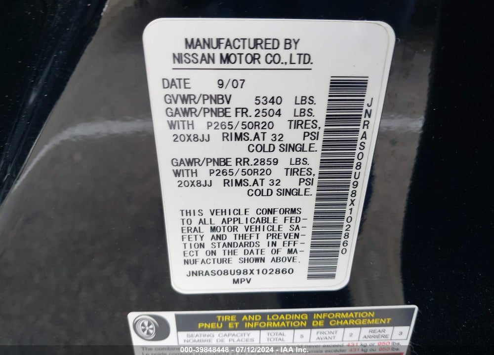 2008 INFINITI FX35 VIN: JNRAS08U98X102860