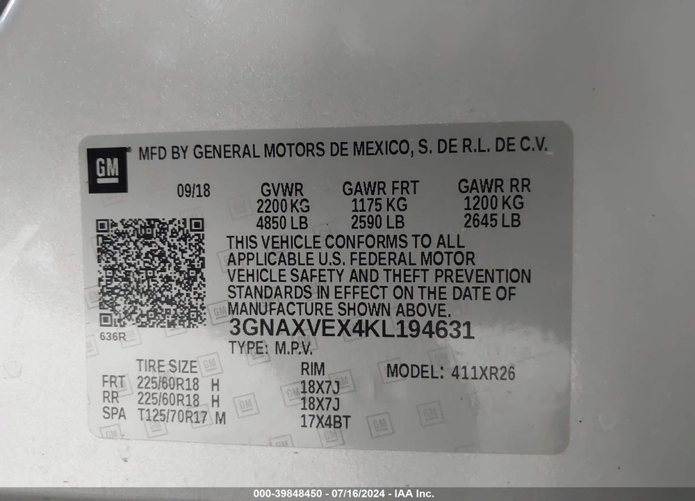 2019 CHEVROLET EQUINOX LT VIN: 3GNAXVEX4KL194631