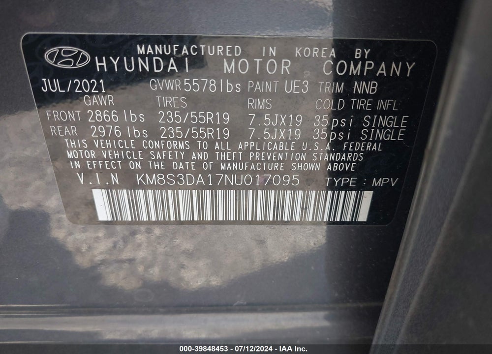 2022 HYUNDAI SANTA FE HYBRID SEL PREMIUM VIN: KM8S3DA17NU017095