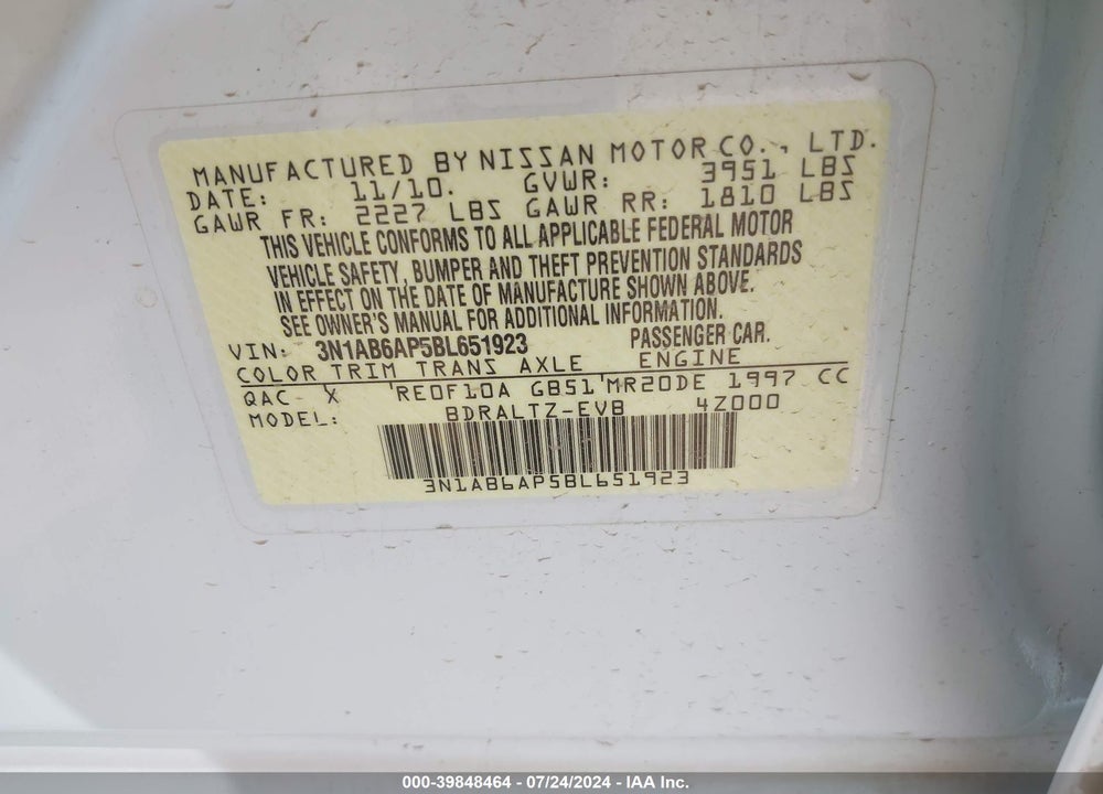 2011 NISSAN SENTRA 2.0S VIN: 3N1AB6AP5BL651923