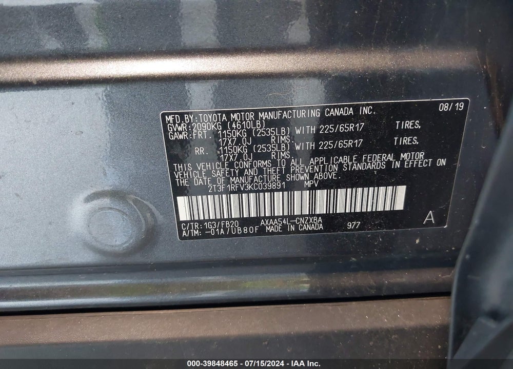 2019 TOYOTA RAV4 LE VIN: 2T3F1RFV3KC039891
