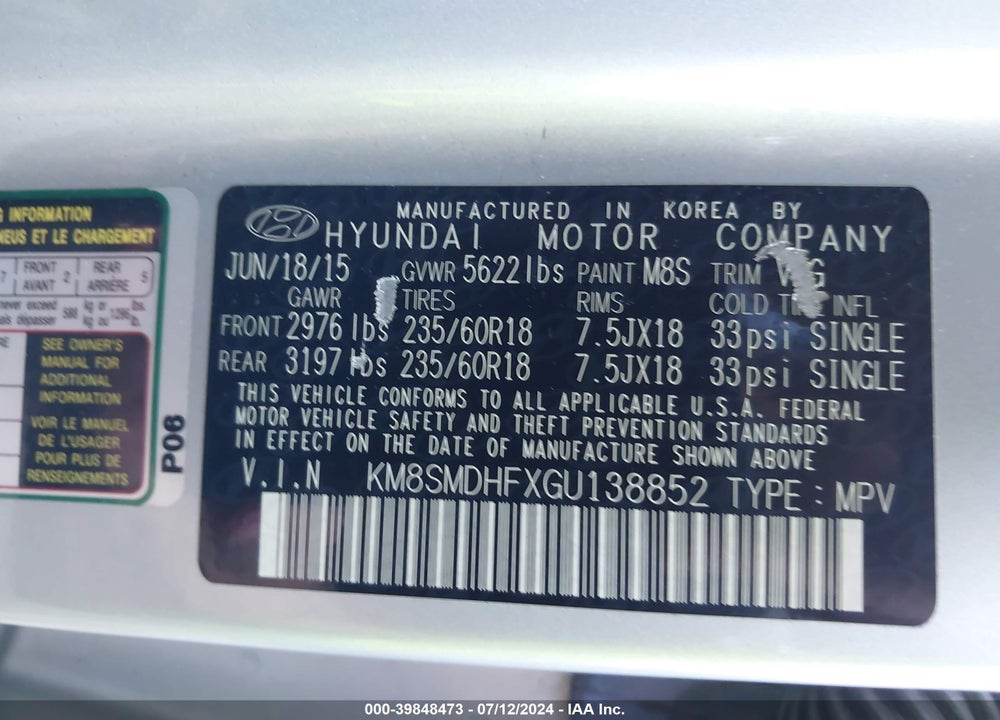 2016 HYUNDAI SANTA FE SE VIN: KM8SMDHFXGU138852