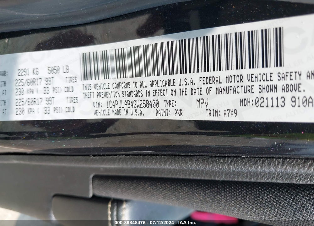 2016 JEEP CHEROKEE SPORT VIN: 1C4PJLAB4GW258400