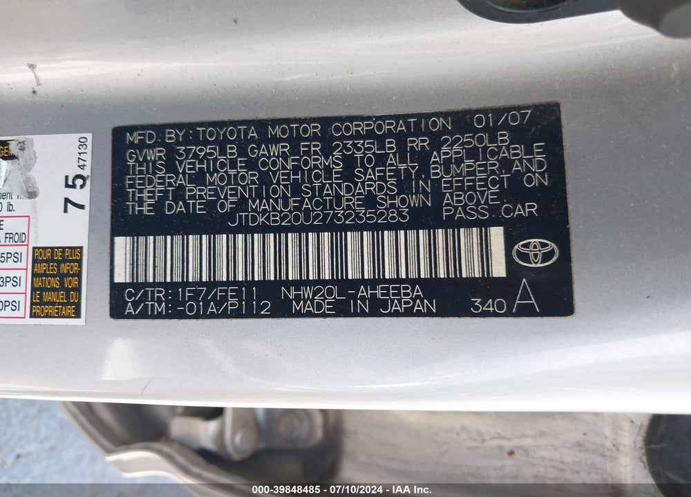 2007 TOYOTA PRIUS VIN: JTDKB20U273235283