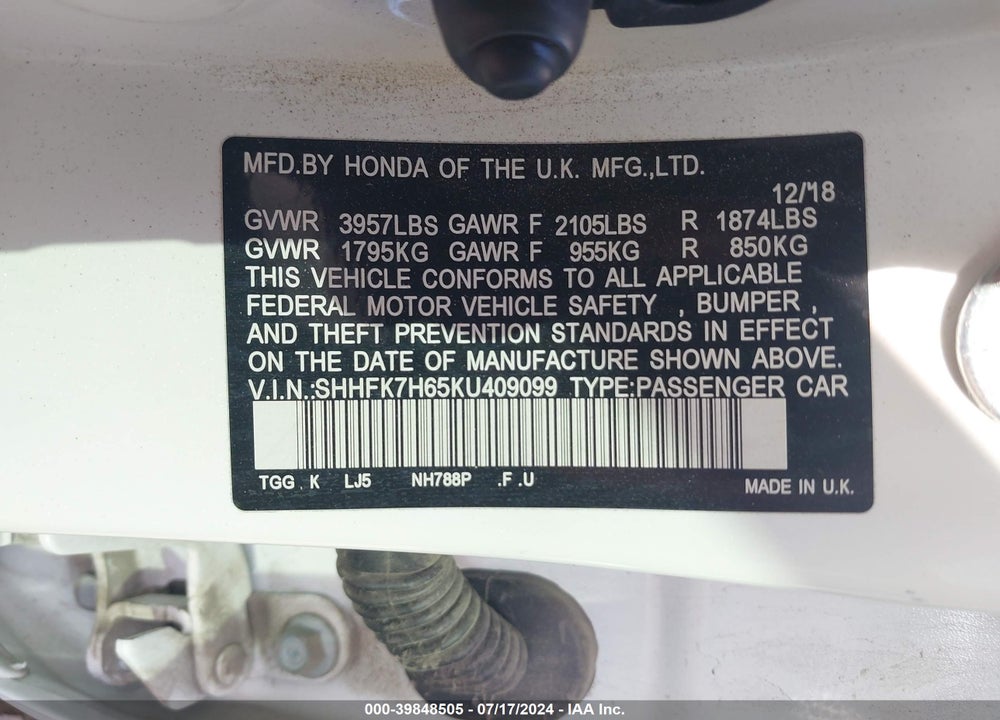 2019 HONDA CIVIC EX VIN: SHHFK7H65KU409099
